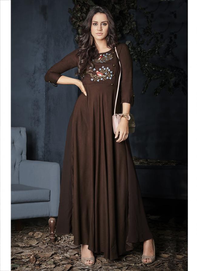 Rayon Brown Festival Wear Embroidery Work Readymade Long Kurti